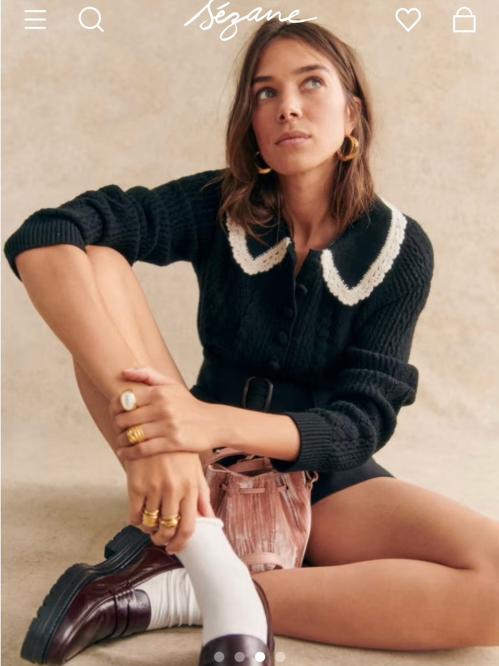 Sézane Frances Black Wool Blend Cable-Knit Sweater with White Collar - Picture 3 of 16